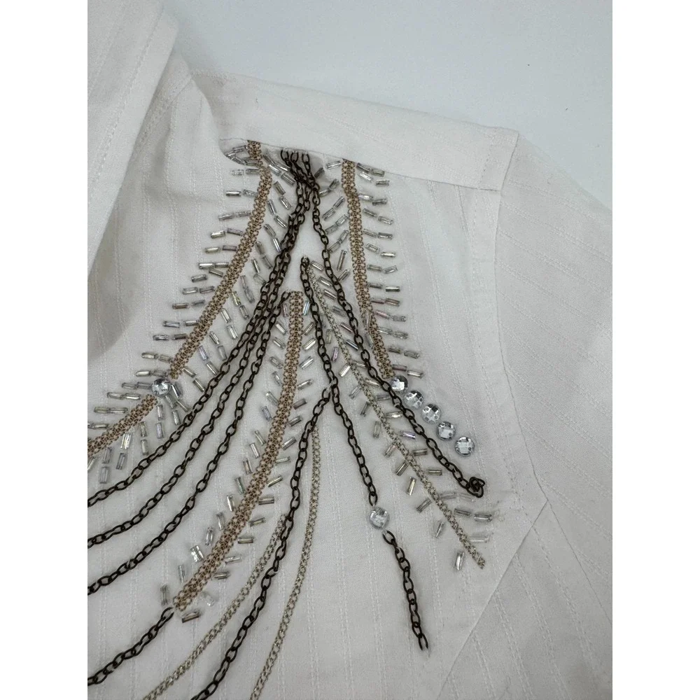 Y2K Reba Western Shirt Womens‎ Medium White Rhinestone Chain Cotton Pearl Snap